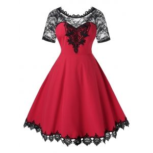 

Plus Size Contrast Lace Fit and Flare Dress, Red wine