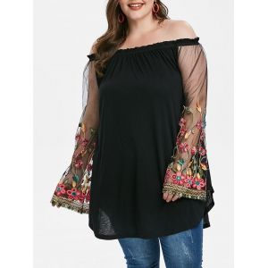 

Plus Size Mesh Sleeve Embroidered Off Shoulder T-shirt, Black