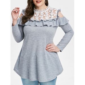 

Plus Size Lace Insert Cold Shoulder Ruffle Ribbed T-shirt, Gray