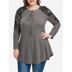 

Plus Size Lace Panel Lace-up Sweater, Dark gray