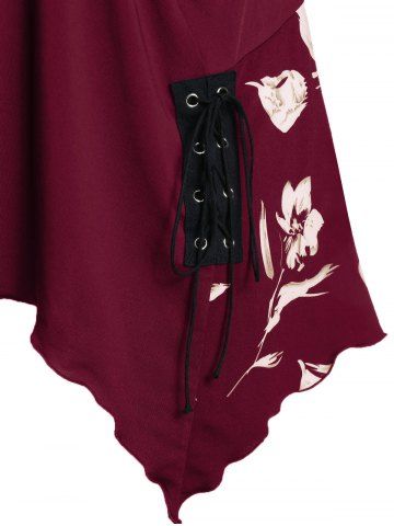 

Plus Size Long Sleeve Asymmetric Floral Print T Shirt, Firebrick