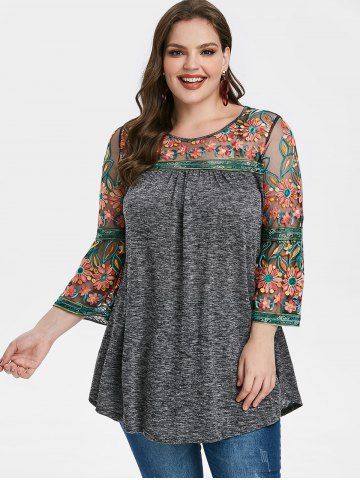 

Plus Size Sheer Mesh Embroidered Heathered T Shirt, Dark gray