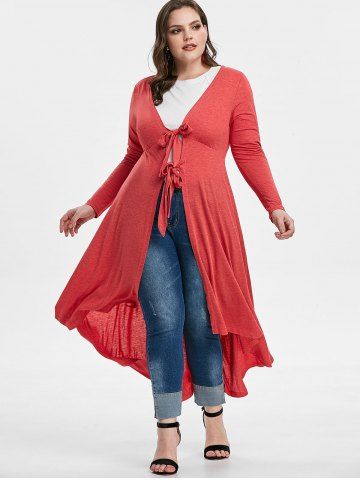 Plus Size Knotted High Low Long Top, Cherry red