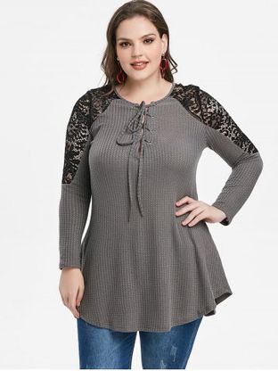 Plus Size Lace Panel Lace-up Sweater