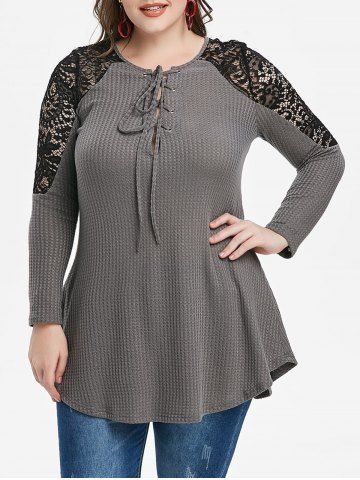 Plus Size Lace Panel Lace-up Sweater - DARK GRAY - 1X