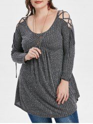 Plus Size Heathered Lace Up Tunic Knitwear -  