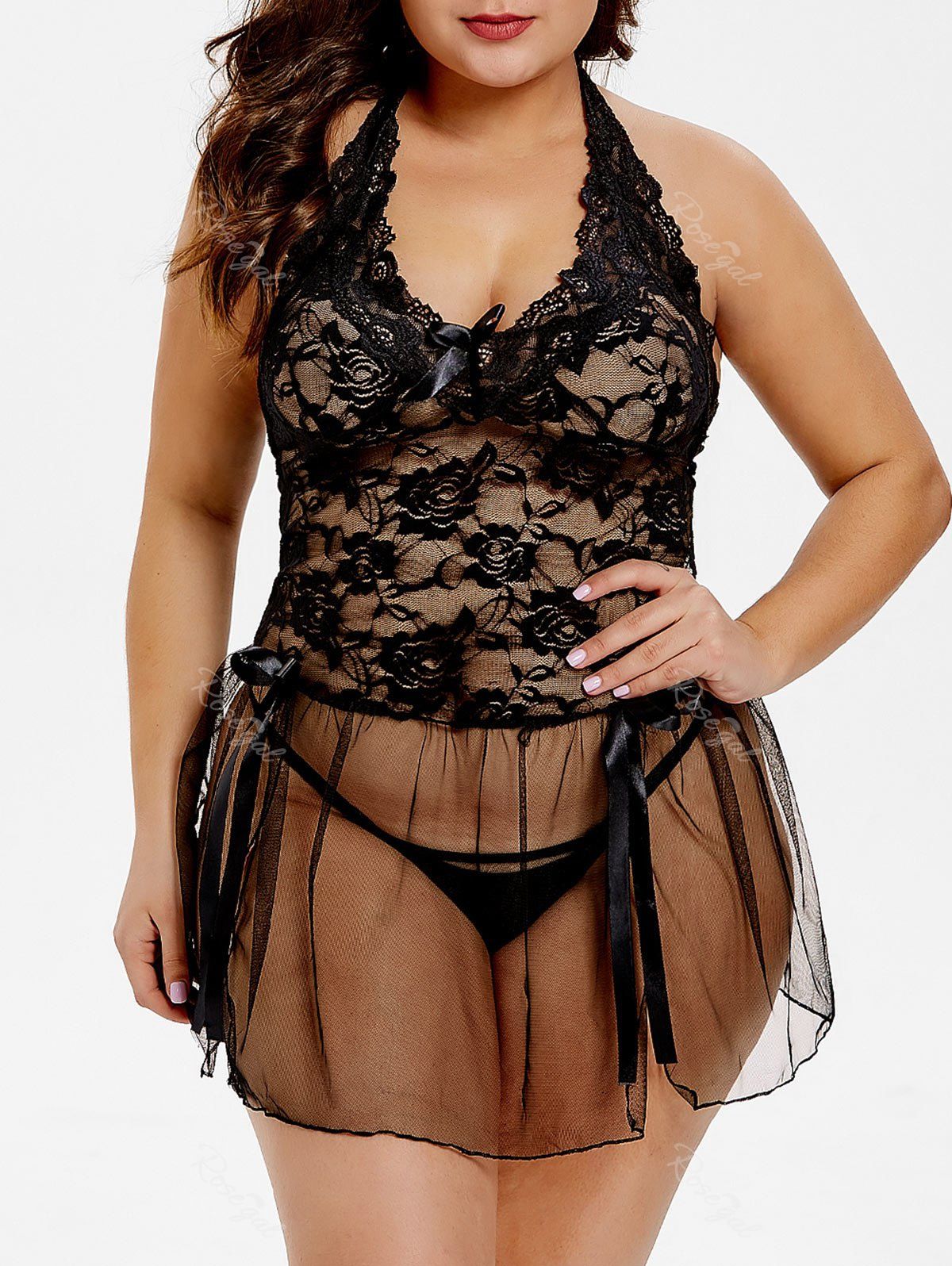 

Plus Size Lace and Mesh Bowknot Halter Babydoll Set, Black