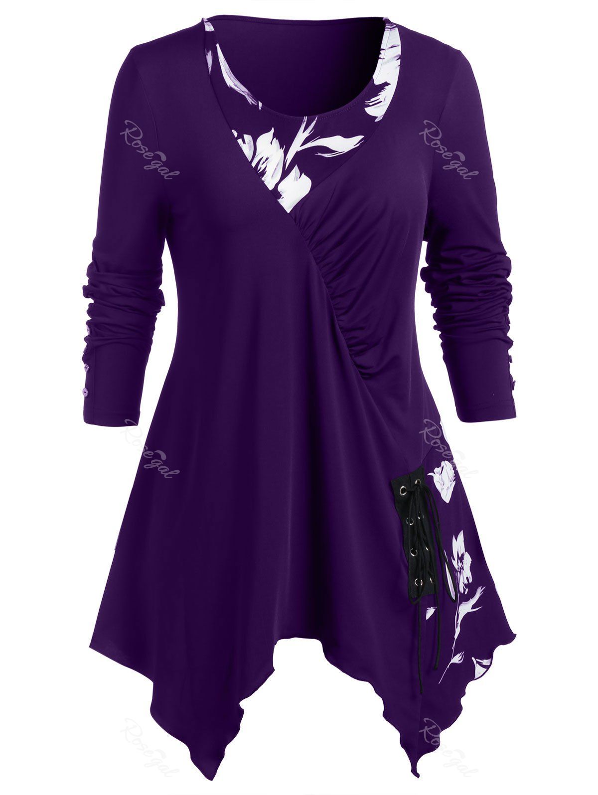 

Plus Size Long Sleeve Asymmetric Floral Print T Shirt, Purple iris