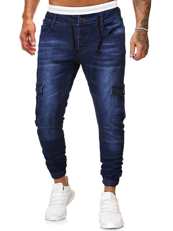 

Pocket Decoration Drawstring Casual Jeans, Denim dark blue