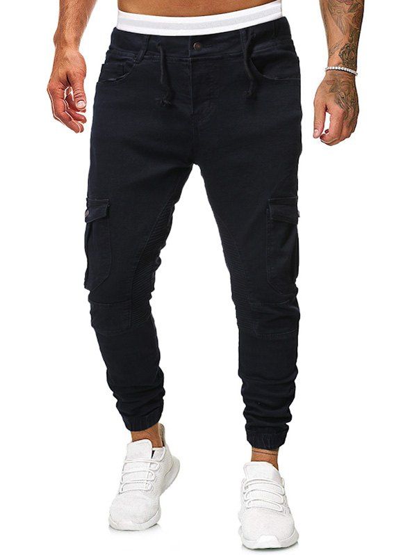 

Pocket Decoration Drawstring Casual Jeans, Black