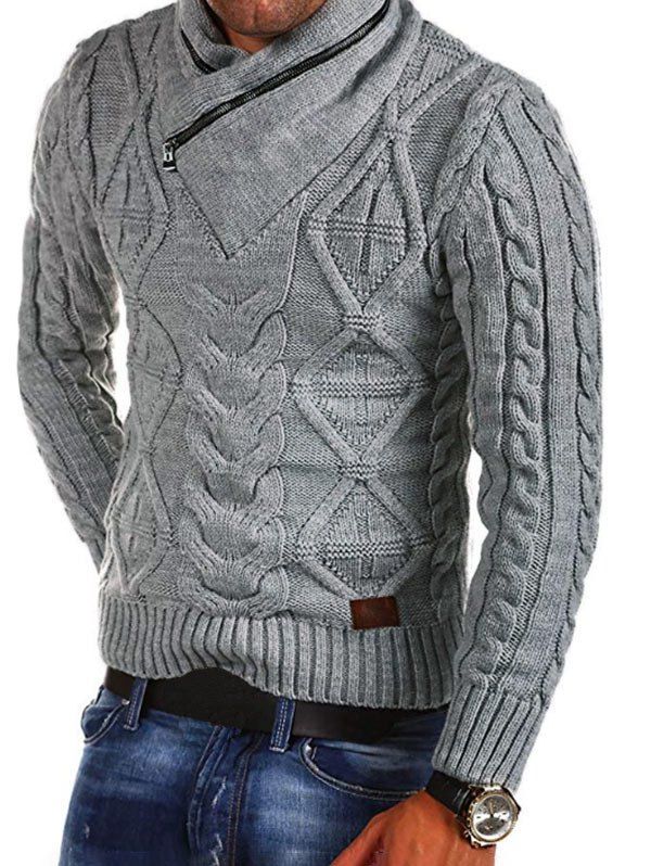 Cable Knit Zipper Turtleneck Sweater, Gray