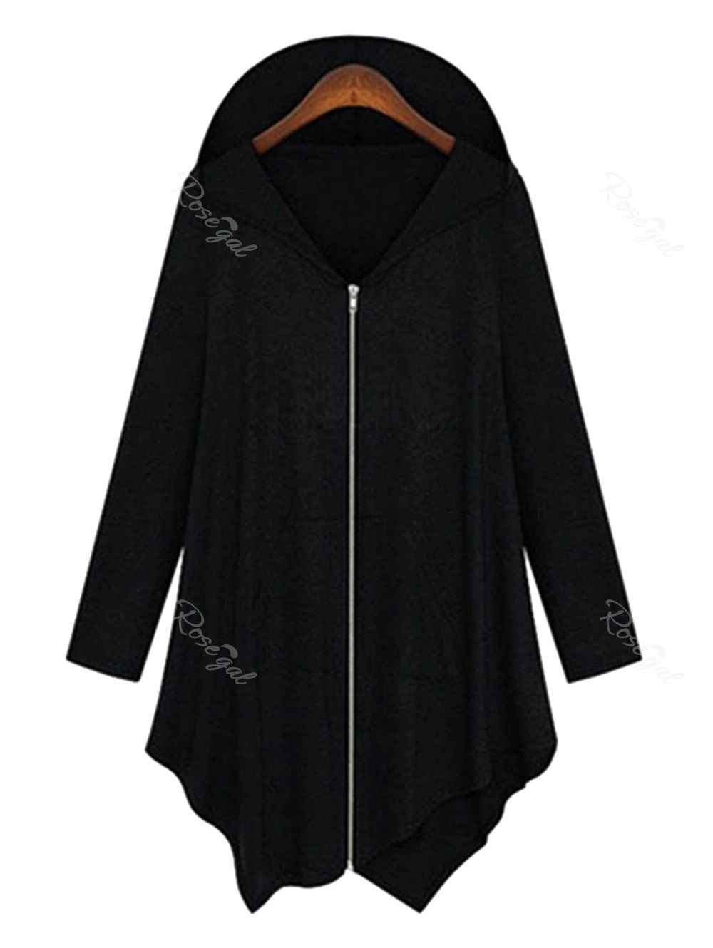 

Plus Size Hooded Full Zip Asymmetric Coat, Black