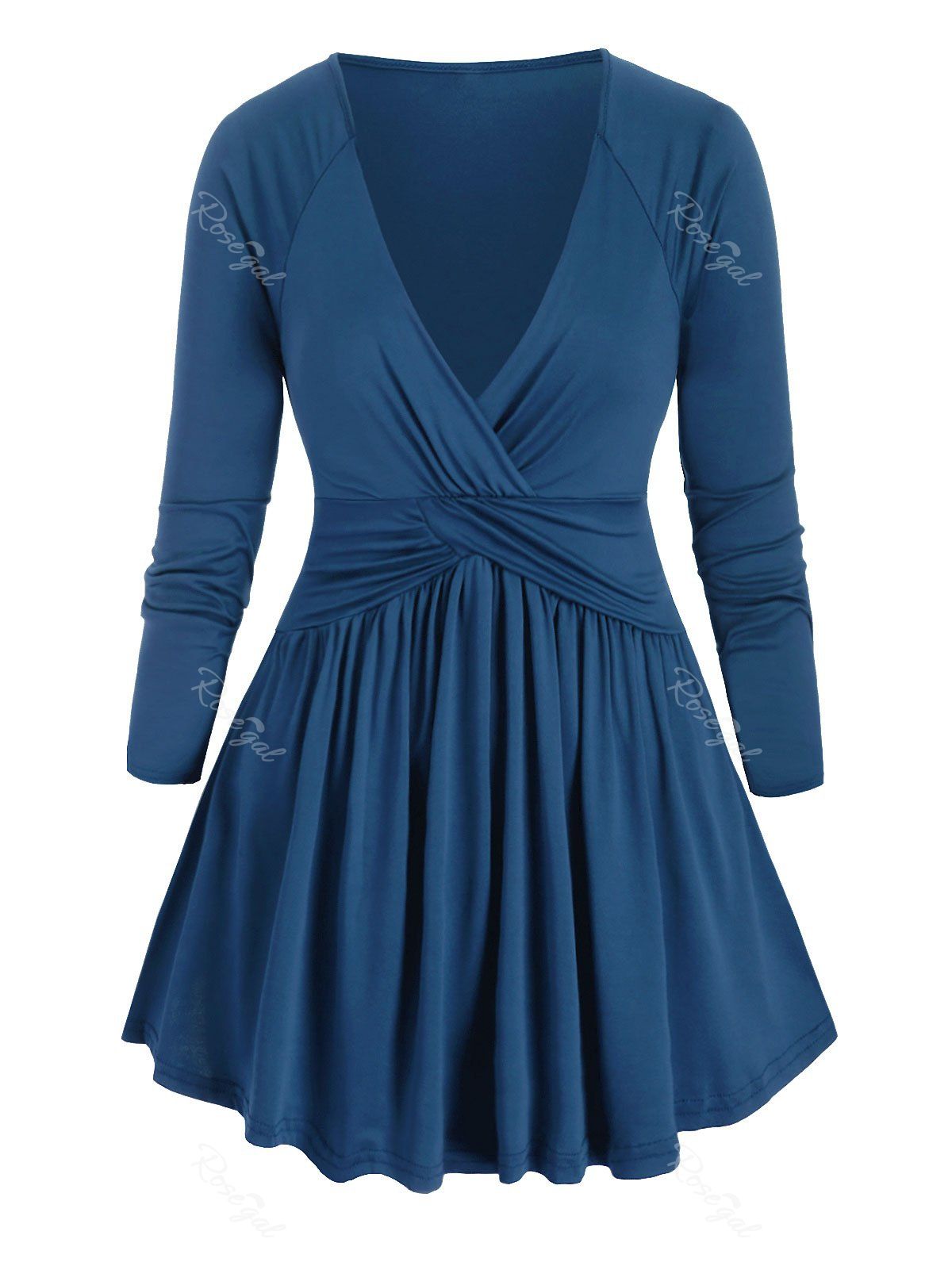 

Long Sleeve Cross Front Ruched Plus Size Top, Silk blue