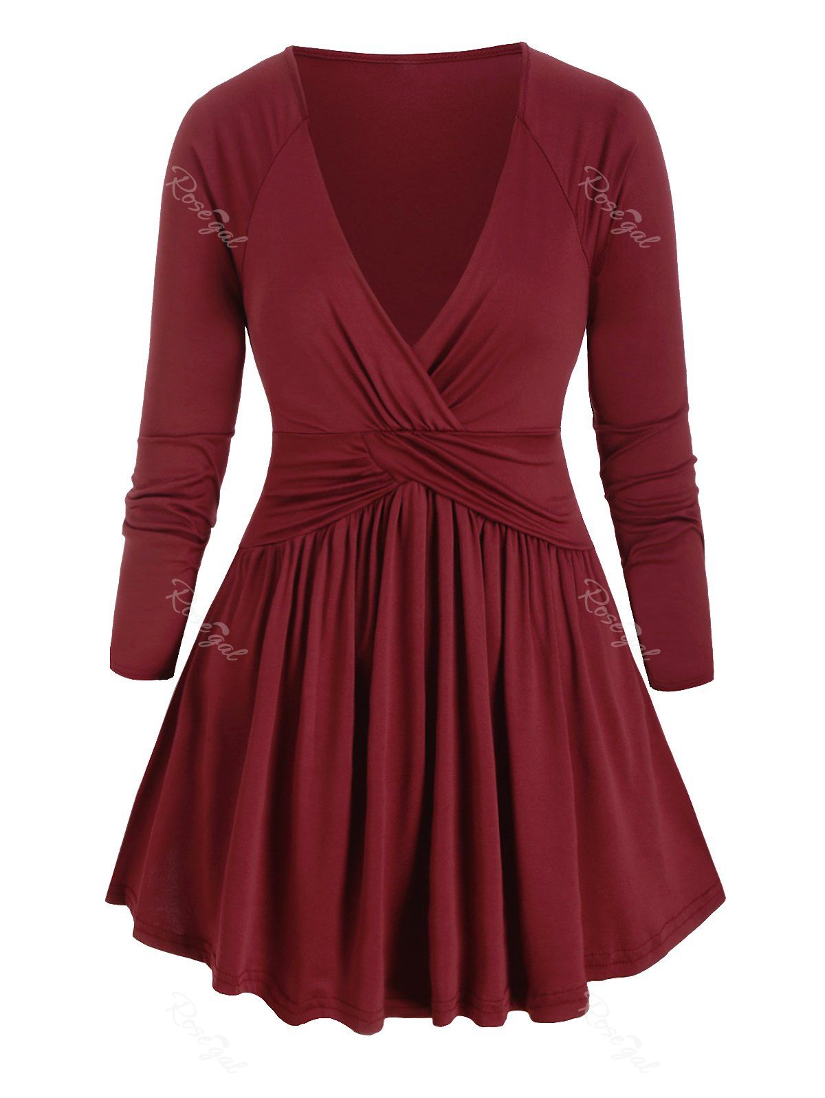 

Long Sleeve Cross Front Ruched Plus Size Top, Red wine