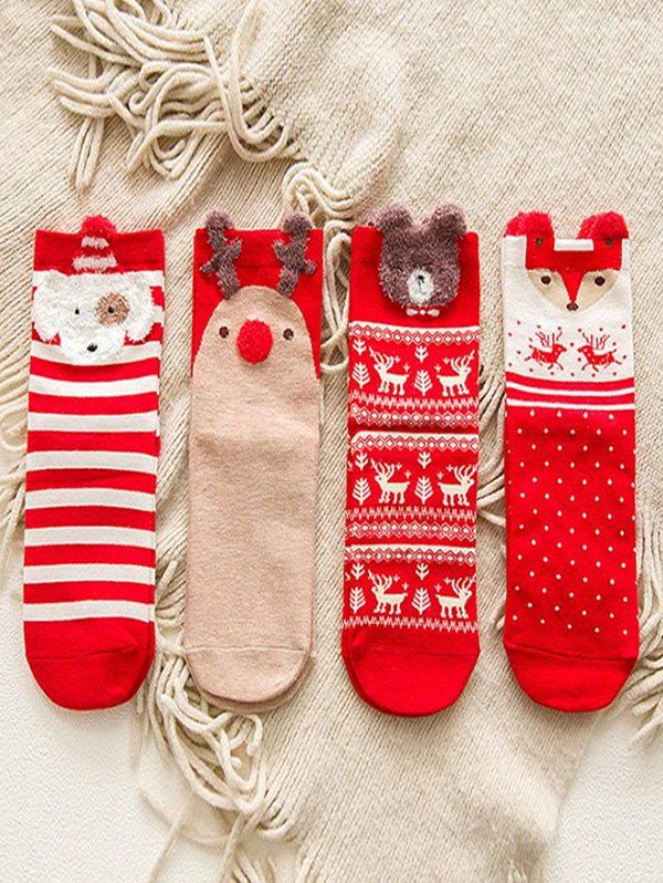 

4 Pairs Christmas Cartoon Animal Cotton Socks, Red