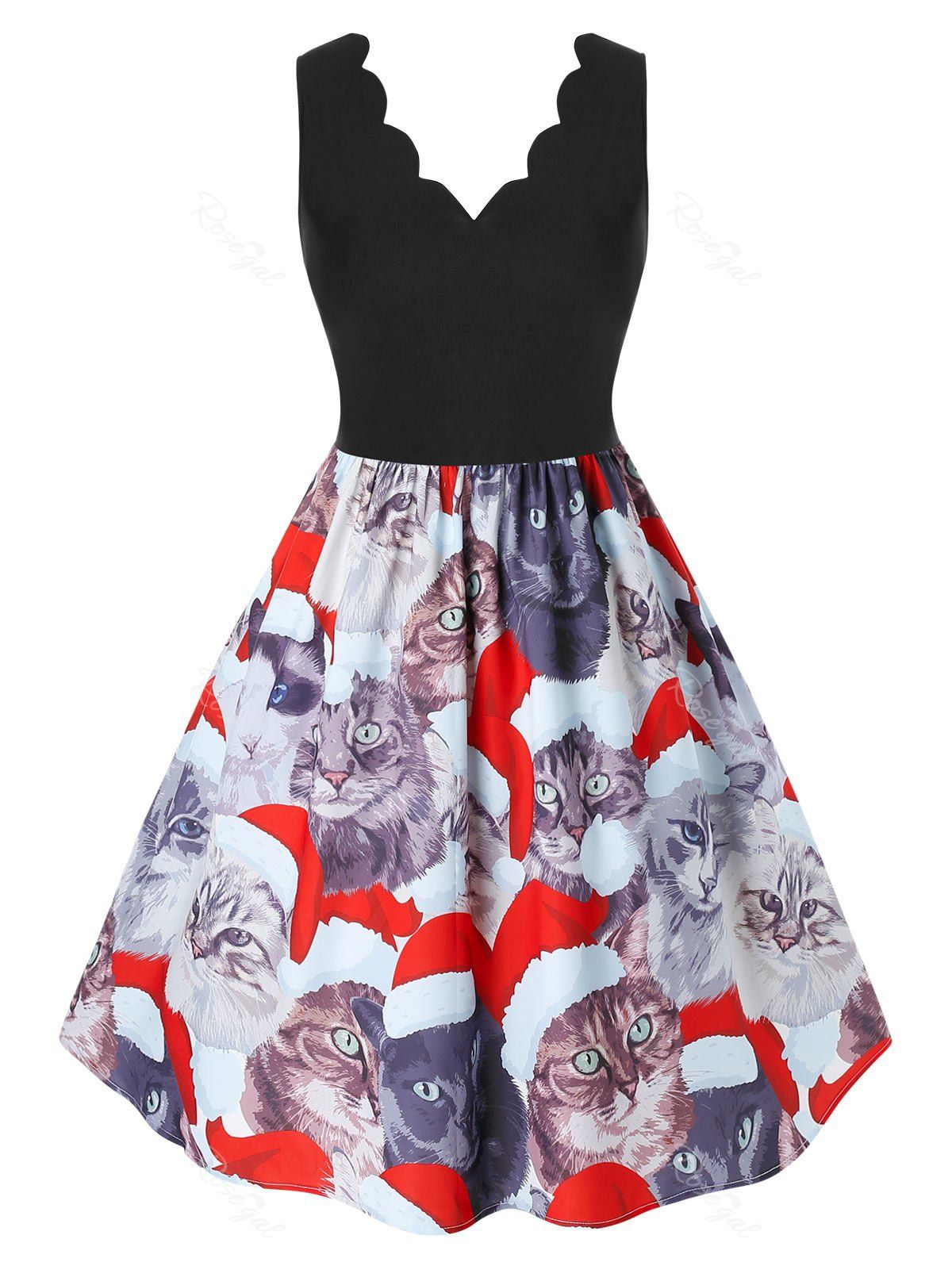 45 Off Plus Size Christmas Scalloped Cat Print Dress Rosegal
