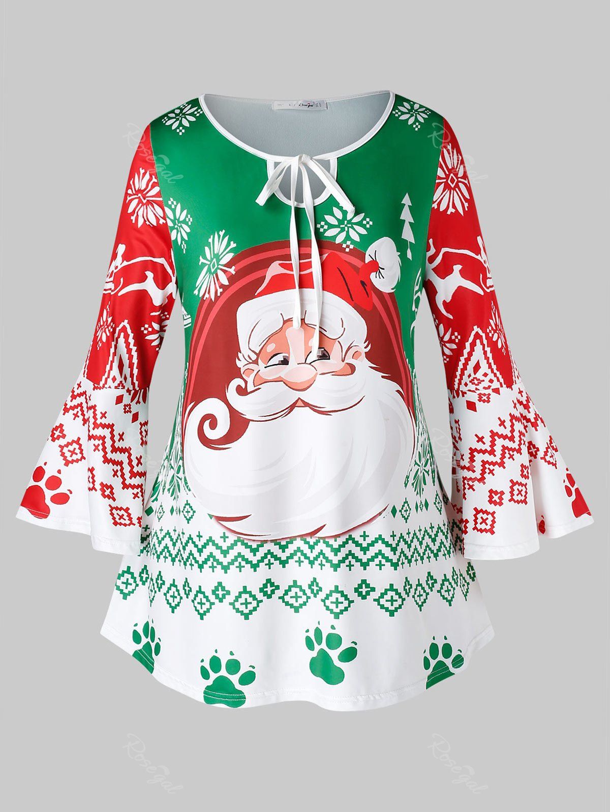 

Plus Size Christmas Flare Sleeve Santa Claus Print Dress, Clover green