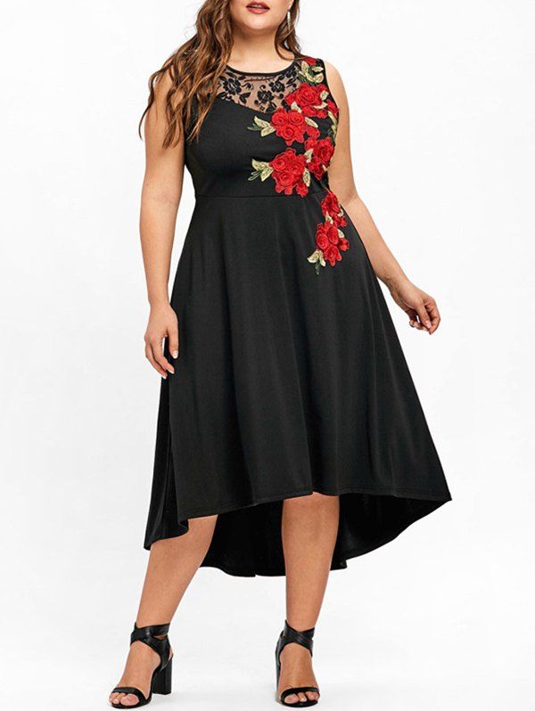 

Plus Size High Low Floral Applique Midi Dress, Black