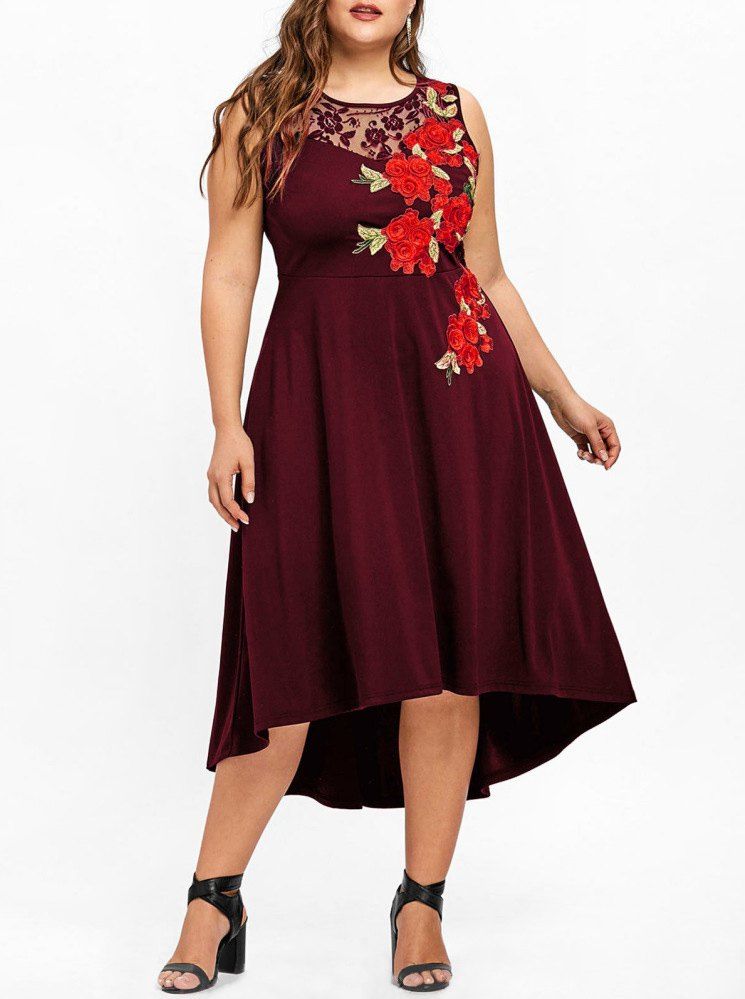 

Plus Size High Low Floral Applique Midi Dress, Red wine