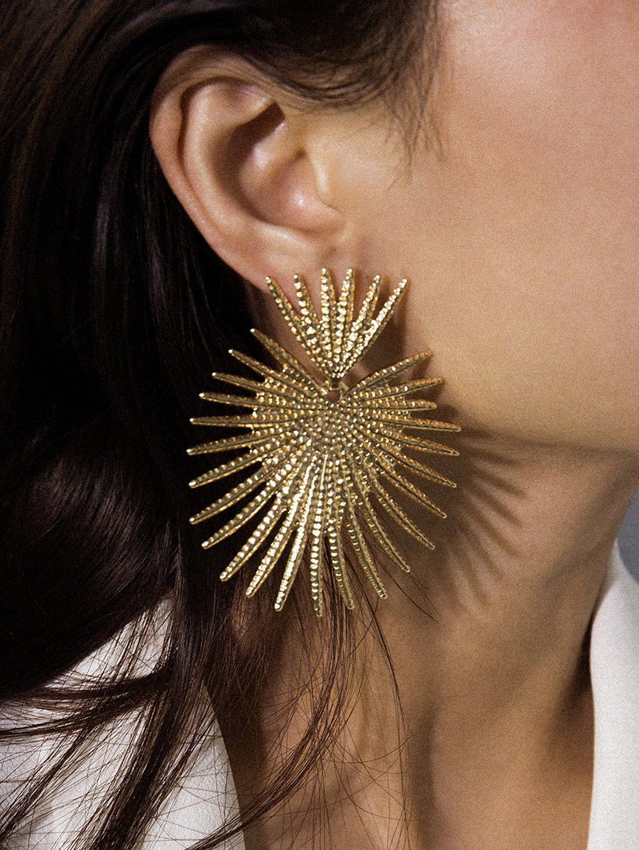 

Carved Fan-shaped Stud Drop Earrings, Gold