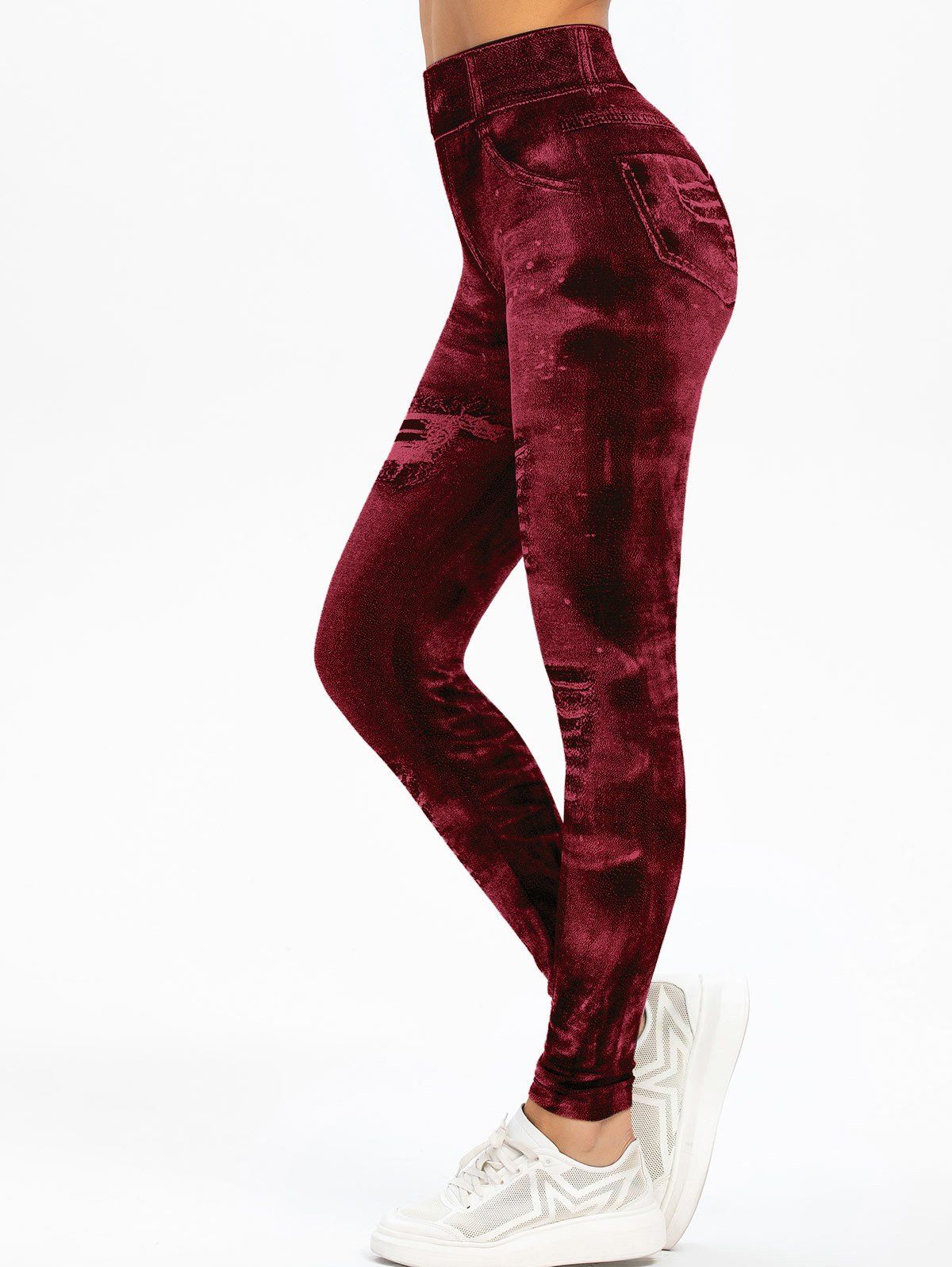 

Knit High 3D Print Waisted Jeggings, Red wine