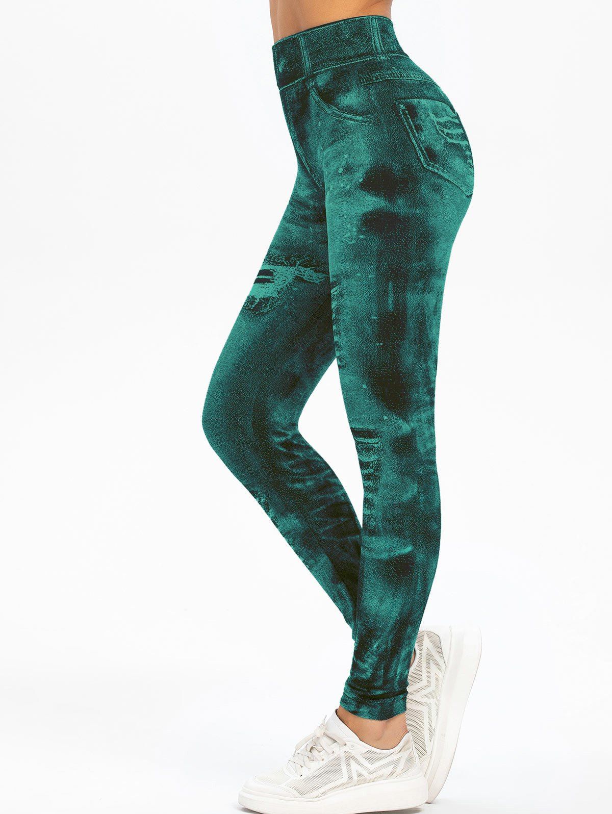 

Knit High 3D Print Waisted Jeggings, Sea turtle green