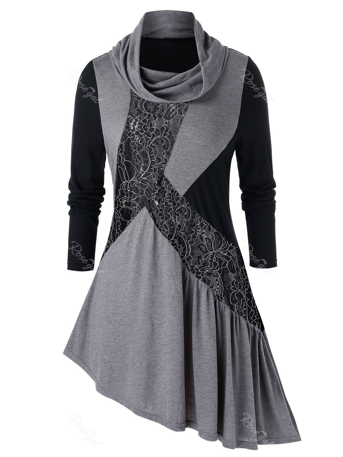 

Plus Size Lace Panel Cowl Neck Asymmetrical Tunic Tee, Multi