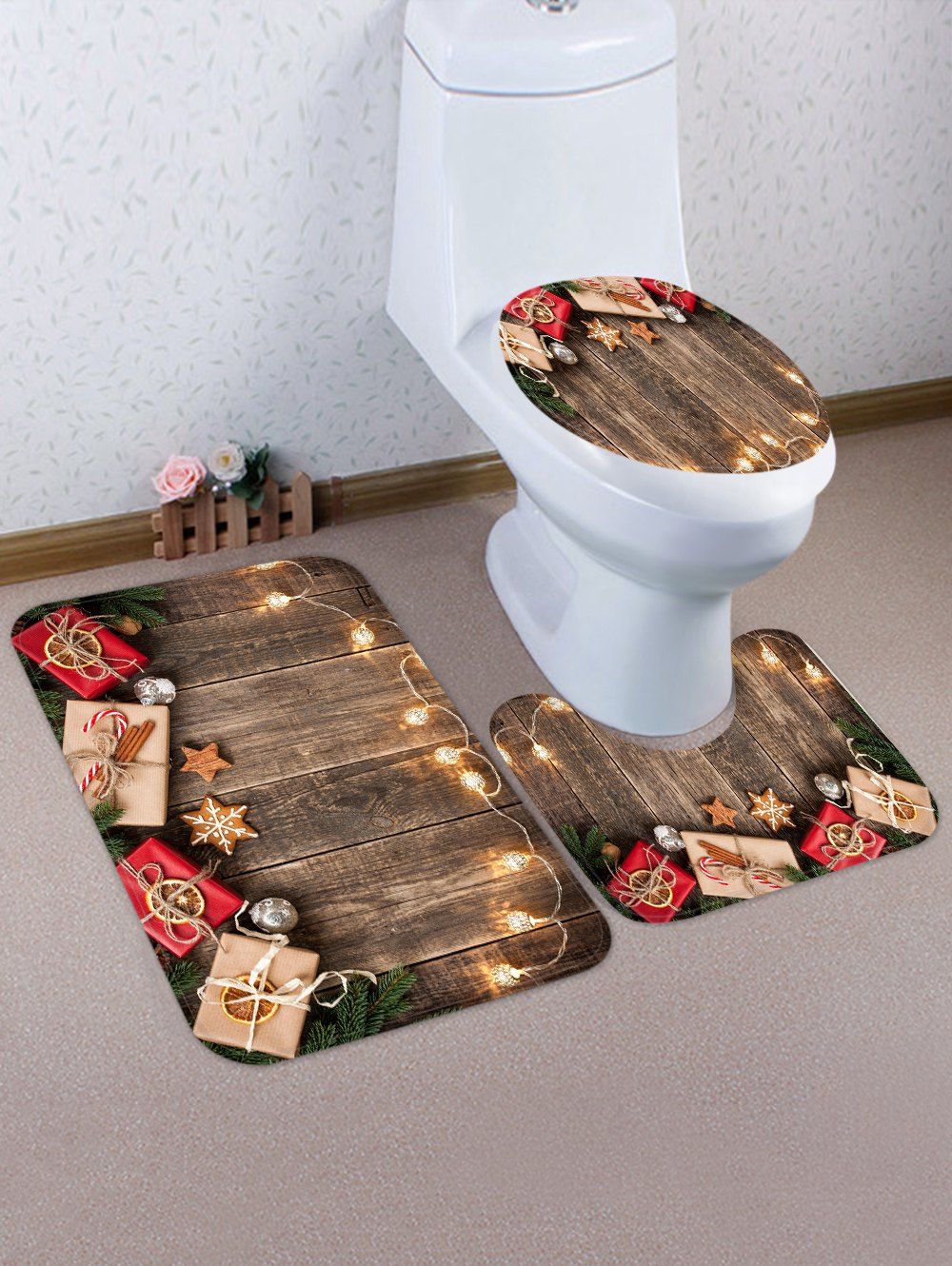 Christmas Gifts Wooden Grain Pattern 3 Pcs Toilet Mat Set, Multi
