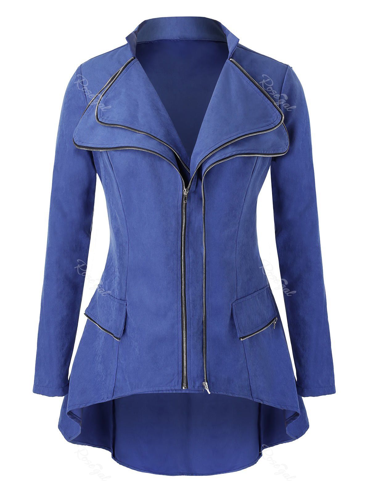 

Plus Size High Low Double Zipper Jacket, Blue gray