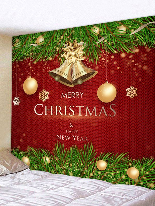 

Christmas Balls Bells Greetings Print Tapestry Wall Hanging Art Decoration, Red