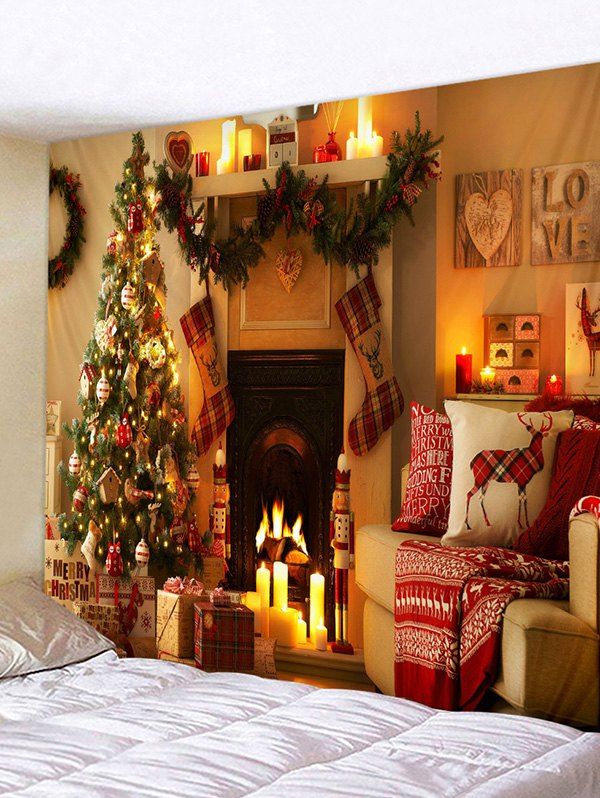 

Christmas Tree Fireplace Printed Tapestry Wall Hanging Art Decor, Orange gold