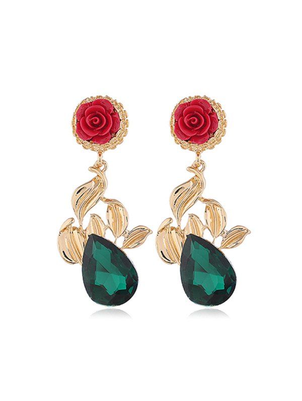 

Rose Flower Leaf Teardrop Rhinestone Earrings, Multi