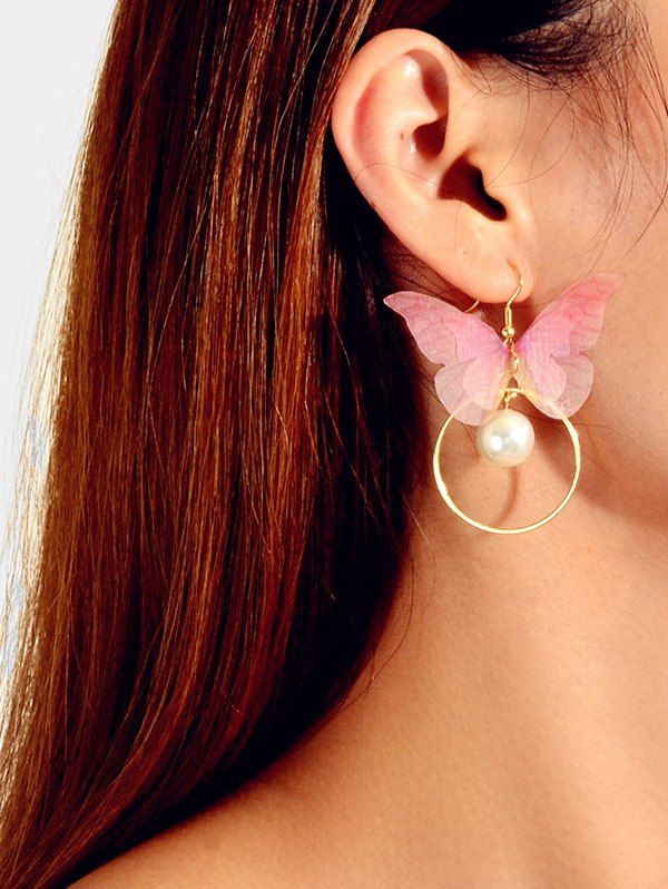 

Faux Pearl Butterfly Circle Drop Earrings, Light pink