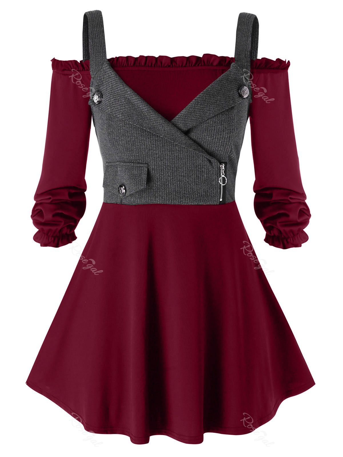 Plus Size Contrast Square Collar Open Shoulder Sweater, Red wine