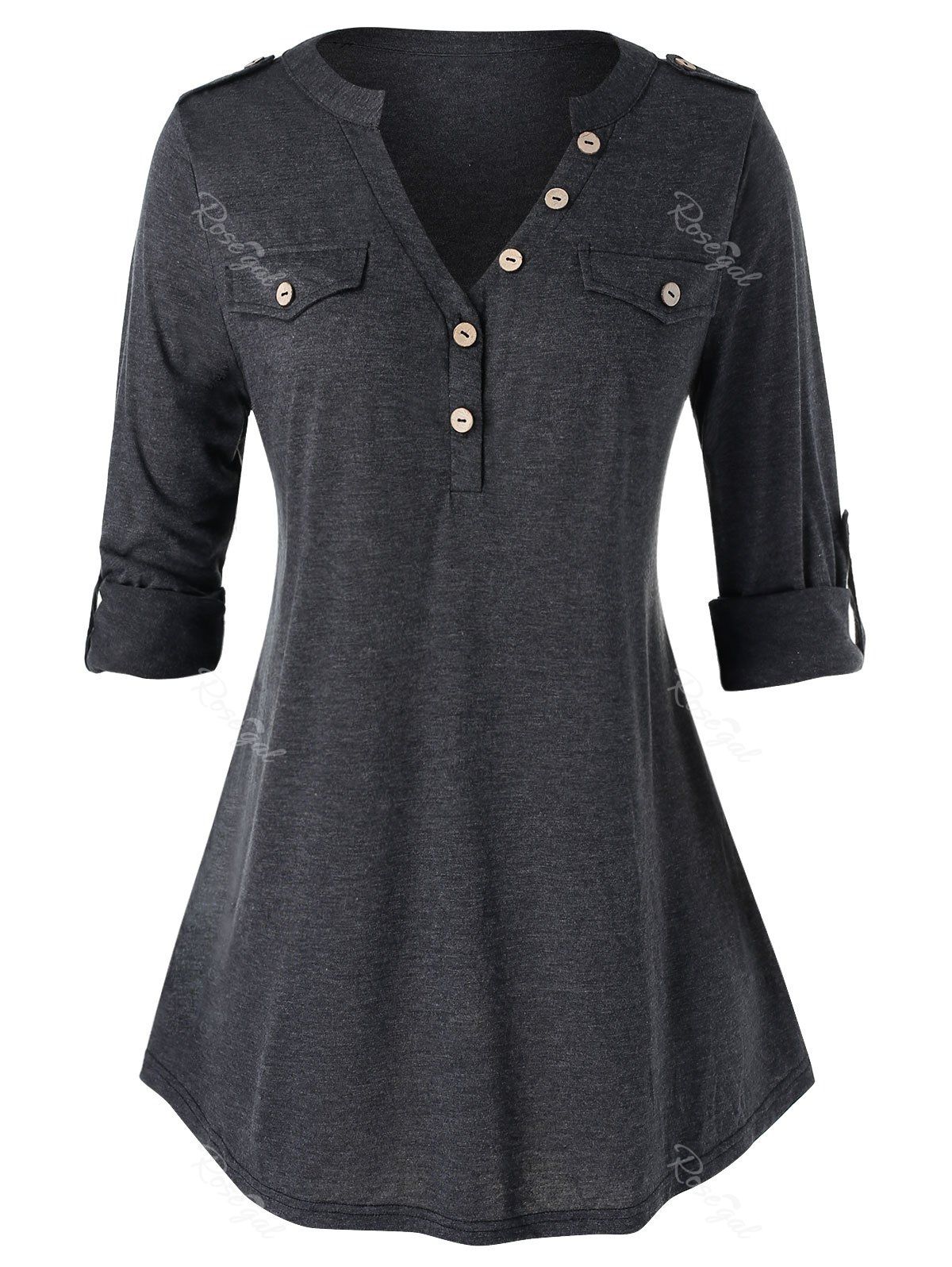 

Plus Size Buttons Roll Up Sleeve Heathered T Shirt, Battleship gray