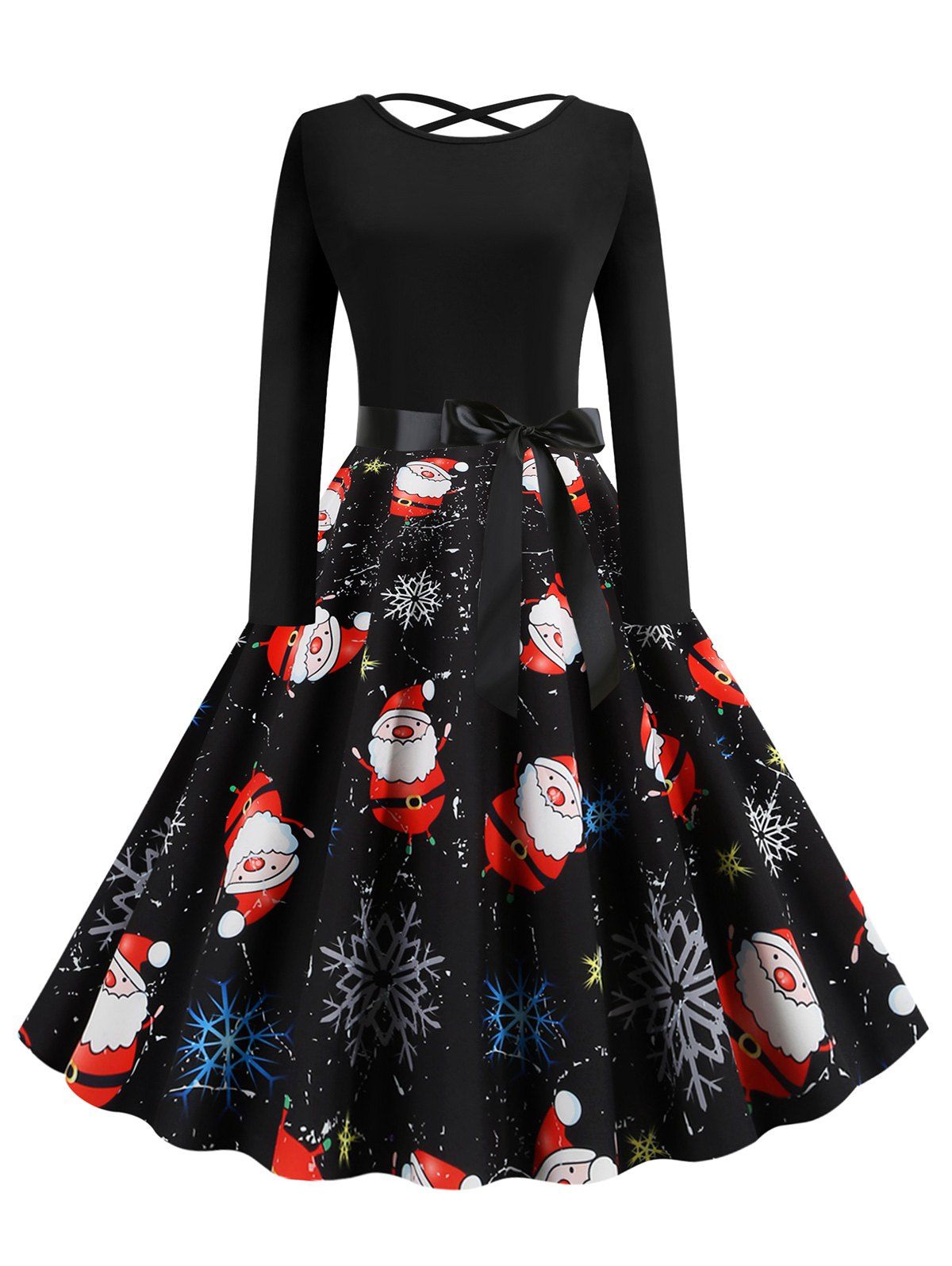 

Lattice Christmas Santa Claus Snowflake Print Midi Dress, Black