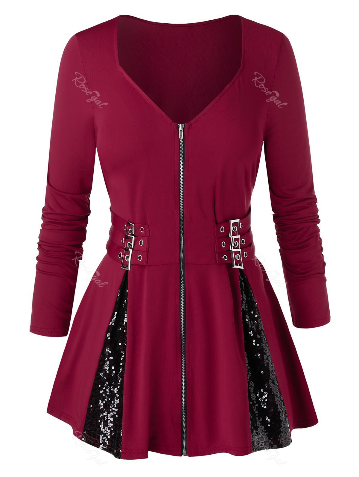 

Plus Size Sequin Full Zip Buckle Top, Red wine