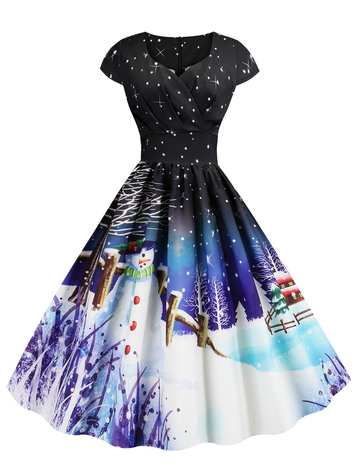 

Pleated Christmas Santa Claus Elk Snowman Print Surplice Dress, Purple iris