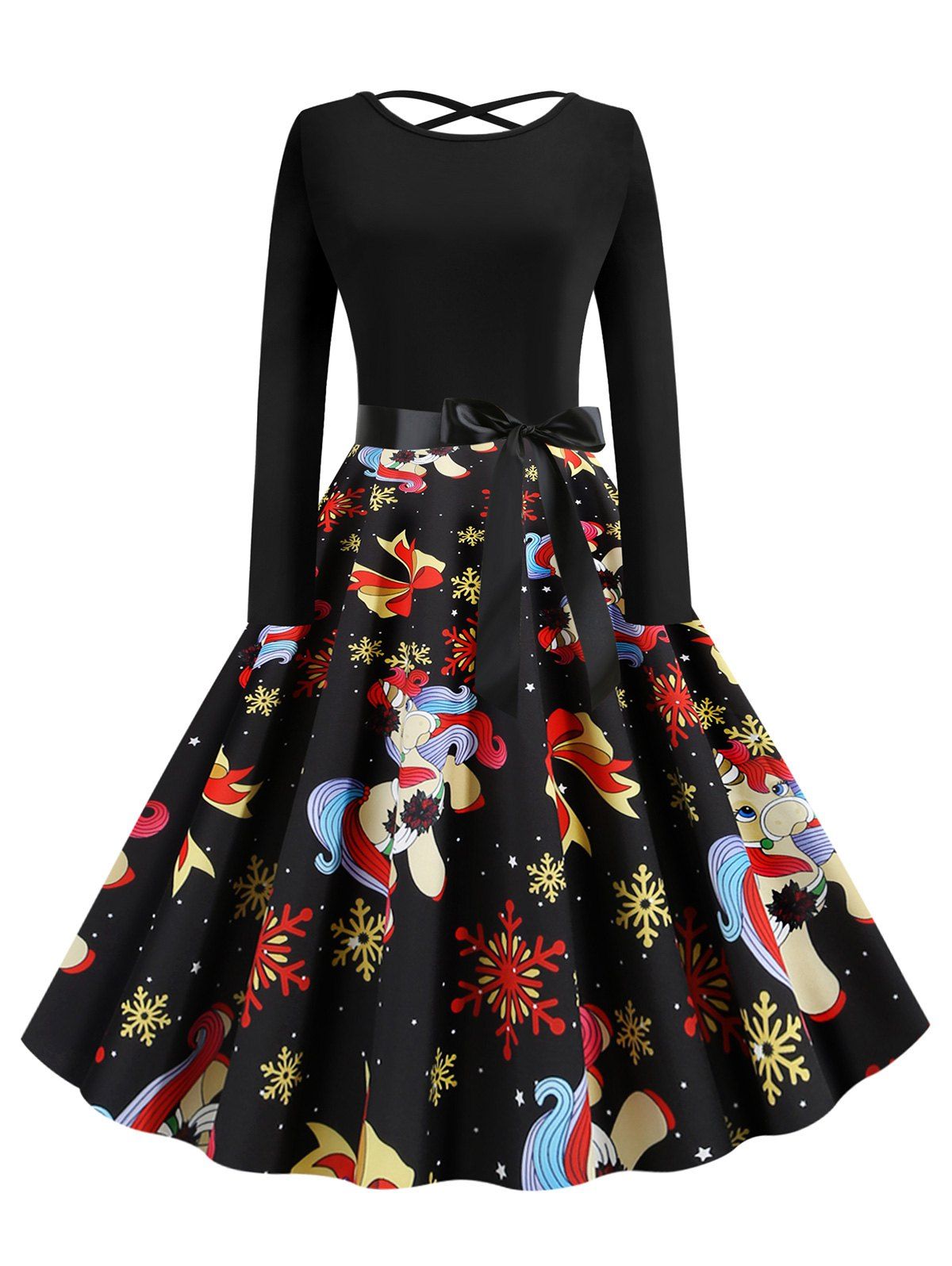 

Lattice Christmas Unicorn Snowflake Bowknot Print Midi Dress, Black