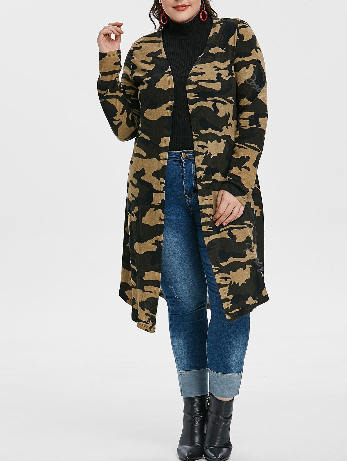 Plus Size Camo Print Knitted Longline Cardigan, Multi