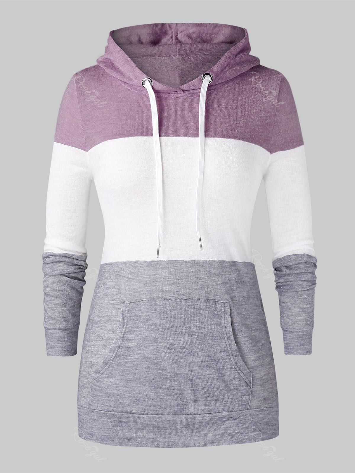 

Plus Size Color-blocking Kangaroo Pocket Drawstring Knit Hoodie, Multi-c