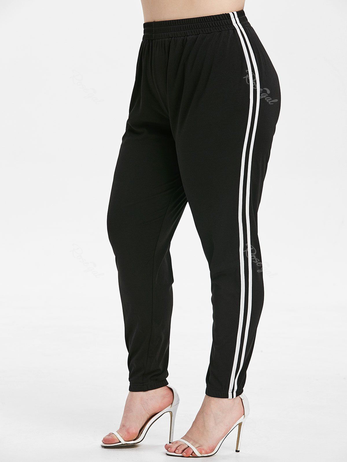 

Plus Size High Waist Contrast Stripe Pants, Black