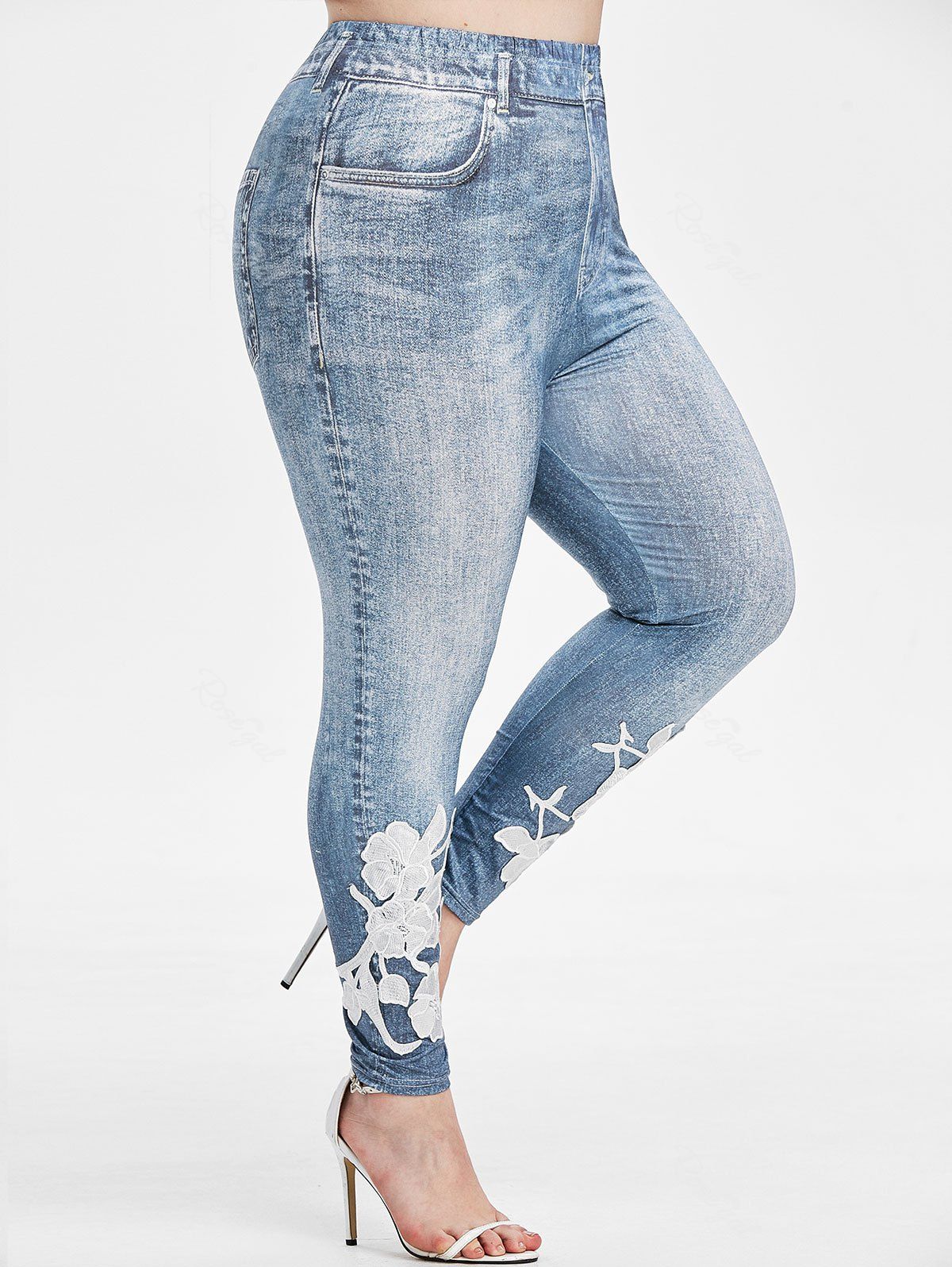

Plus Size Floral Applique 3D Print Jeggings, Slate blue