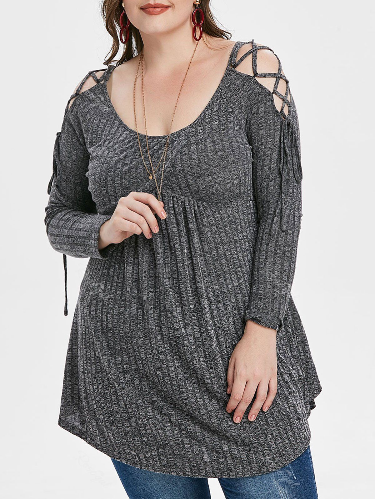 Discount Plus Size Heathered Lace Up Tunic Knitwear  