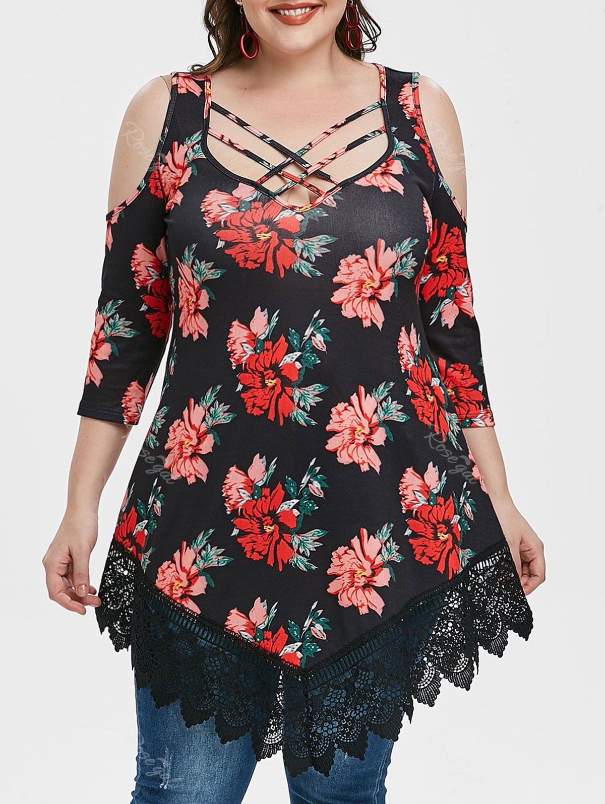 

Plus Size Open Shoulder Floral Print Lace Panel T Shirt, Black
