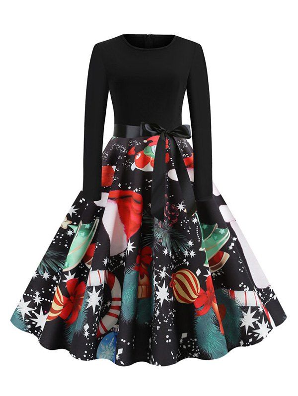 

Santa Claus Snowman Belted Christmas Long Sleeves Dress, Multi-a