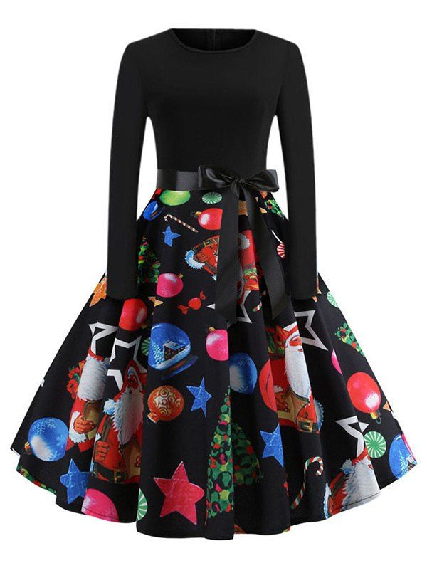 

Santa Claus Snowman Belted Christmas Long Sleeves Dress, Multi-b