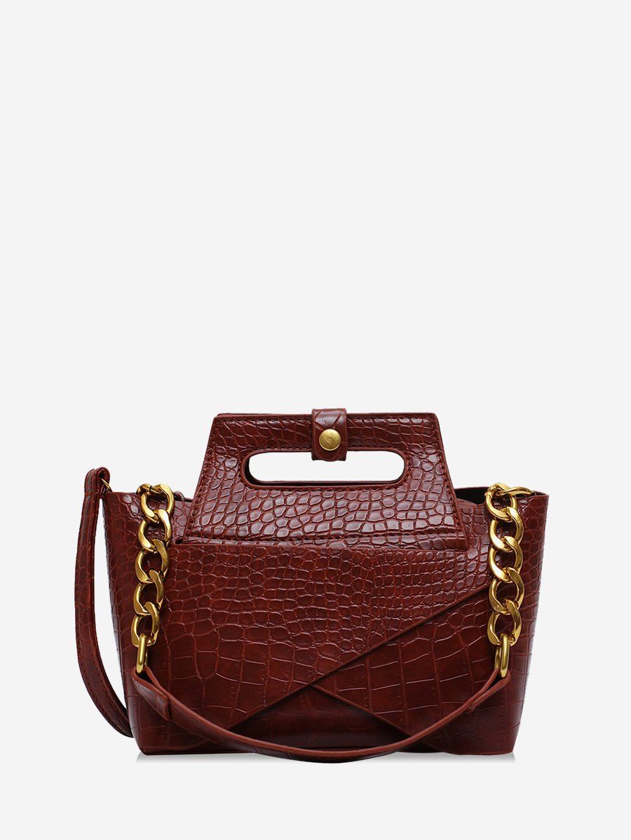 

Chain Leather Embossed Handbag, Brown