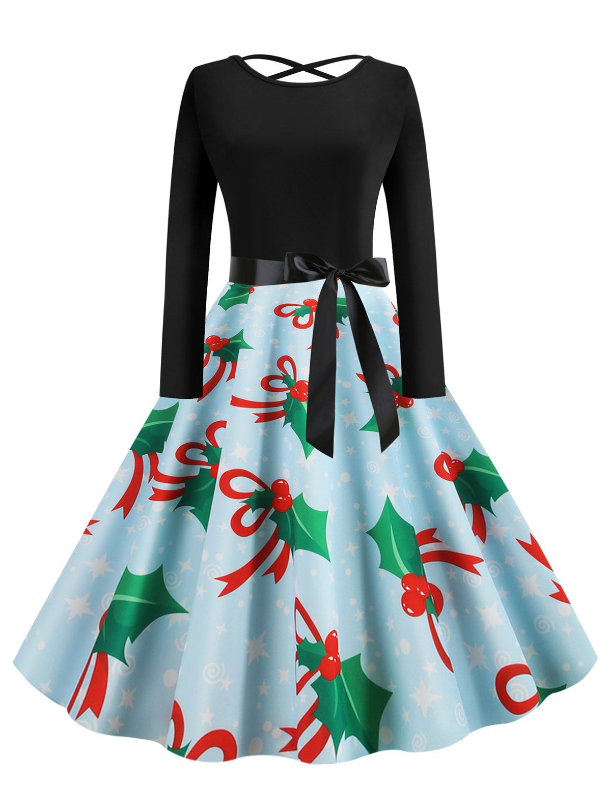 

Lattice Snowman Snowflake Berry Print Christmas Long Sleeve Dress, Medium sea green