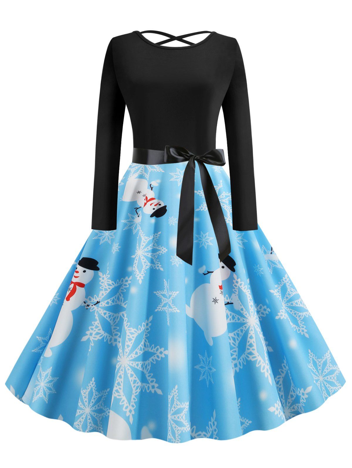 

Lattice Snowman Snowflake Berry Print Christmas Long Sleeve Dress, Light sky blue
